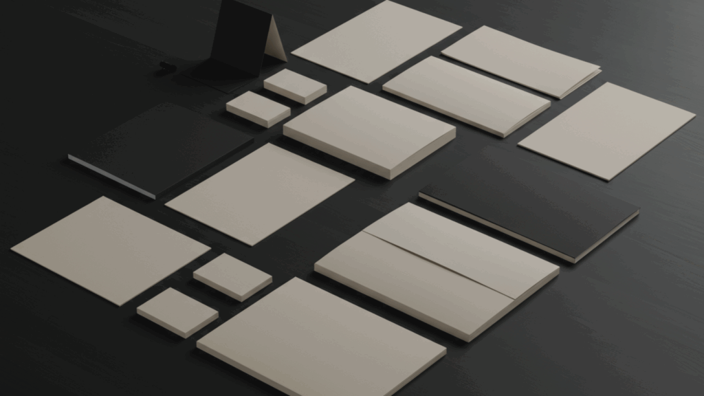 Unbranded marketing materials including brochures, flyers, business cards, and table tents for branding and promotional design.
